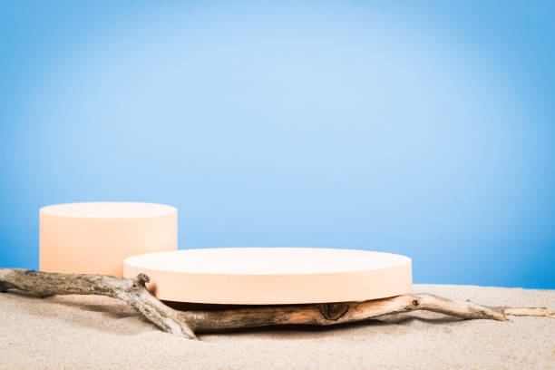 istock Empty round beige platform podium and dry tree twigs on white beach sand background. Minimal creative composition background for cosmetics or products presentation. Front view 1395134981