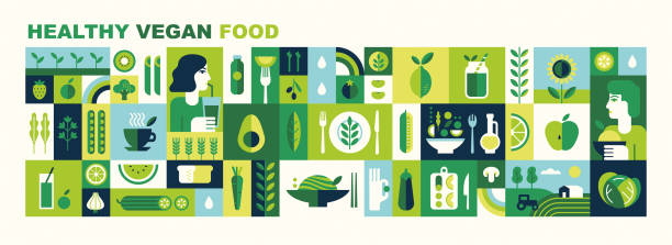 Healthy vegan food. Healthy organic vegetarian food. Cooking vegan dishes. Diet, detox cocktails and healthy eating. Set of icons in modern flat geometric style. Abstract design for packaging. Vector illustration. food stock illustrations