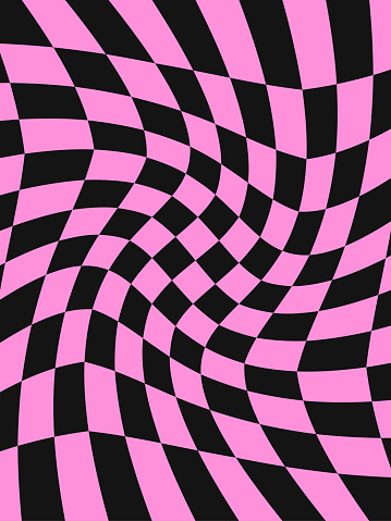 Emo subculture background. Checkered distorted background. Black and bright pink cage , optical illusion. Vector illustration pattern.
