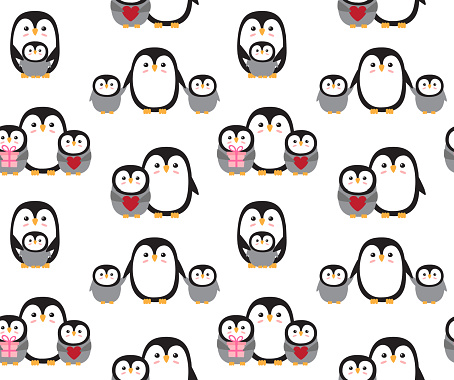 Vector seamless pattern of flat hand drawn penguin mom and baby isolated on white background