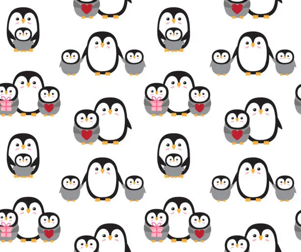 Vector illustration of Vector seamless pattern of flat hand drawn penguin mom and baby