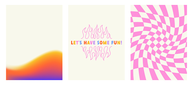 Set of bright posters. Lettering and flame print, modern mesh editable gradient and checkered distorted background. Modern vector illustration of Y2k. Nostalgia for the 2000 years.