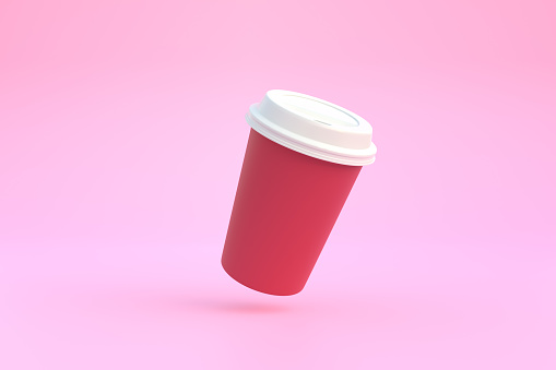 Disposable paper coffee cup with black lid in the air over pink background. Minimal concept. 3D Rendering 3D Illustration