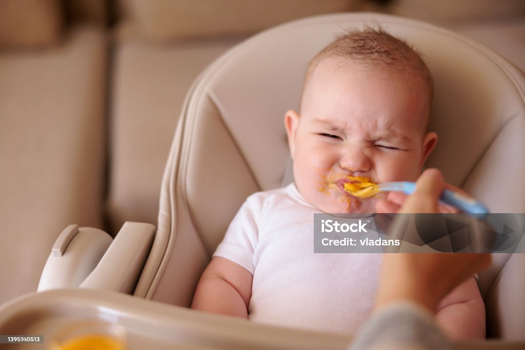 Baby making funny faces while refusing to eat porridge Little baby boy sitting in high chair making funny faces and refusing to eat pumpkin porridge while mother trying to feed him using spoon Baby - Human Age Stock Photo