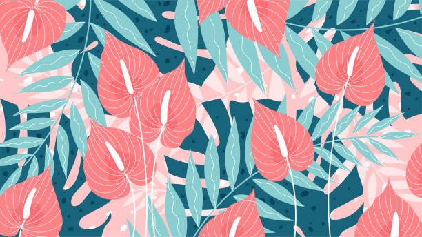 blumenmuster sommerhintergrund mit blüten, blättern - flamingoblume stock-grafiken, -clipart, -cartoons und -symbole