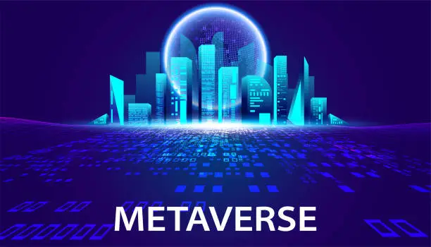 Vector illustration of Abstract Metaverse Virtual reality Concept Buildings, and digital worlds of Future technology metaverse connected to the virtual space on a modern background.