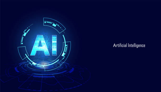추상 기술 ai 컴퓨팅 개념 ai 서클 인공 지능의 작업 데이터와 진한 파란색 배경에 미래를위한 미래 디지털. - ai stock illustrations