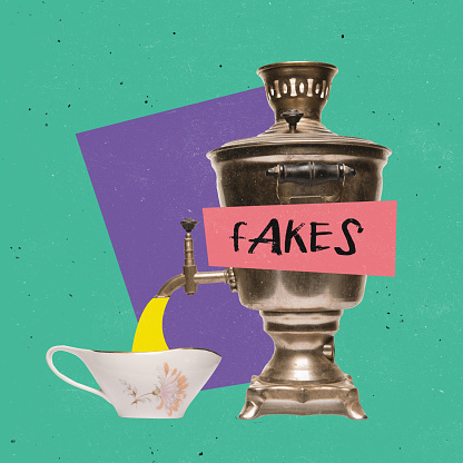 Contemporary art collage. Big tea kettle called samovar spreading fake information isolated over purple background. Social issues. Total disinformation. Concept of fake news, rumors, creativty