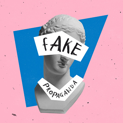 Contemporary art collage. Antique statue bust covered with fake lettering isolated on pink background. Propaganda issues. Concept of creativity, imagination, disinformation, rumors. Copy space for ad