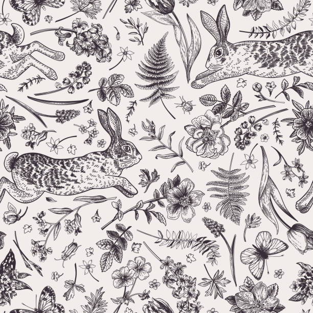 Seamless floral pattern with rabbits and butterflies.
