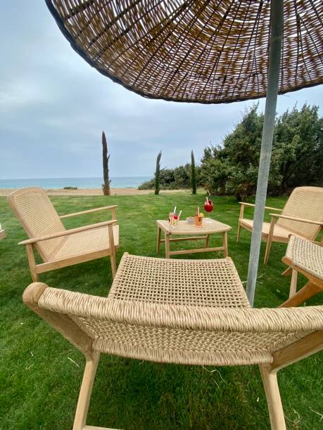 терраса для загара, праздник, природа, пляж, напитки, измир, турция - parasol formal garden furniture sofa стоковые фото и изображения