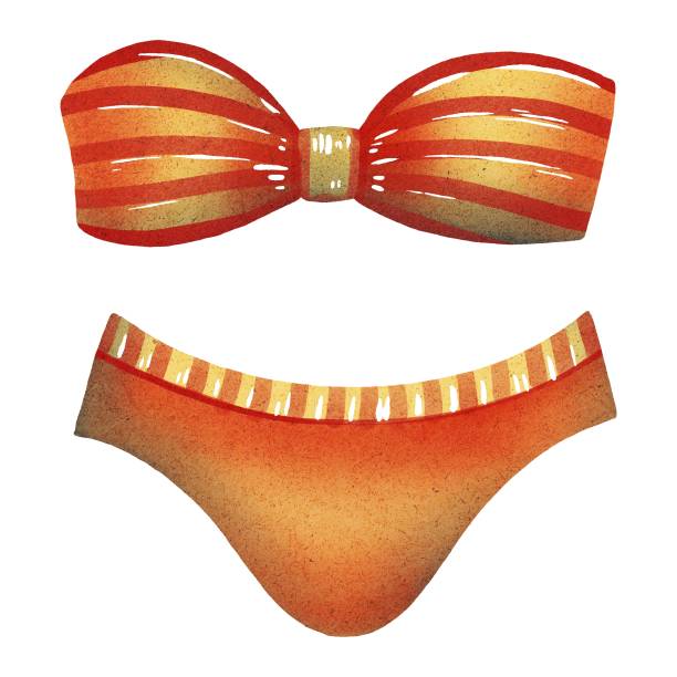 illustrazioni stock, clip art, cartoni animati e icone di tendenza di disegno a mano separato rosso arancio costume da bagno a righe. bella spiaggia e piscina vestiti. utilizzare per poster, adesivi, stampa, negozio, design - swimming trunks bikini swimwear red