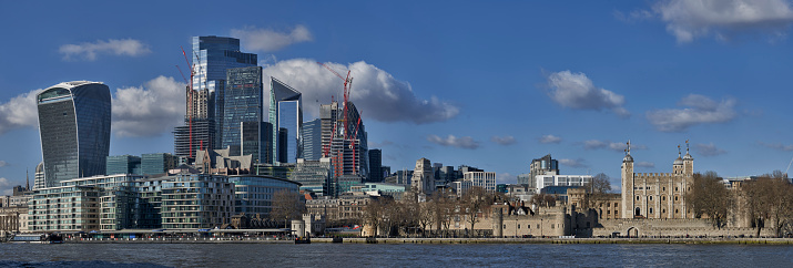 Panoramic view of The City district to tower of London from the South bank of The Thames river in London