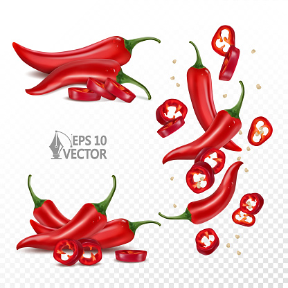 Set of red fresh chili peppers, falling pepper slieces, natural hot spices, 3d realistic vector icon