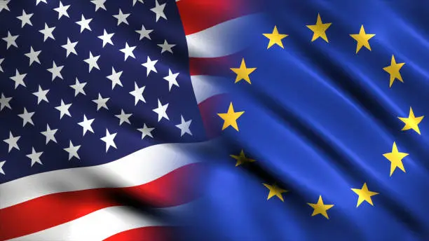 Photo of American and European flag waving together
