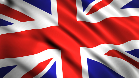 Flag of United Kingdom waving in the wind.