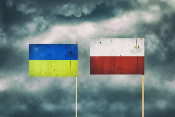ilustraciones, imágenes clip art, dibujos animados e iconos de stock de bandera de ucrania y polonia. cielo nublado. política. economía - poland