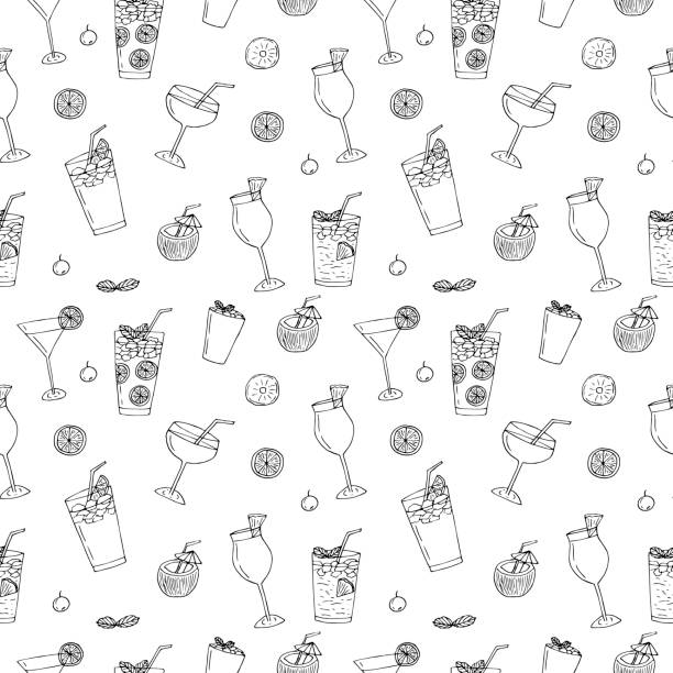 Cocktails seamless pattern vector illustration, hand drawing doodles Cocktails seamless pattern vector illustration, hand drawing doodles cocktail patterns stock illustrations