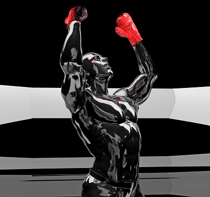 The champion boxer experiences the excitement of the match he won in the ring with enthusiasm. A rival boxer character saluting the audience in a video game scene. / You can see the animation movie of this image from my iStock video portfolio. Video number: 1394546194