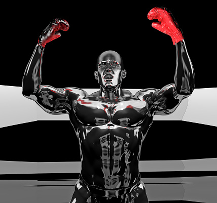 The champion boxer experiences the excitement of the match he won in the ring with enthusiasm. A rival boxer character saluting the audience in a video game scene. / You can see the animation movie of this image from my iStock video portfolio. Video number: 1394546194