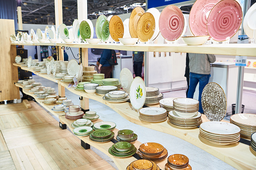 Ceramic and clay tableware in store exhibition