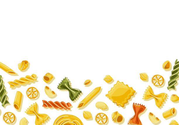 illustrazioni stock, clip art, cartoni animati e icone di tendenza di sfondo di pasta di colore diverso. cucina italiana. pasta. arredamento del menu del ristorante. illustrazione vettoriale del fumetto - spaghetti crudi