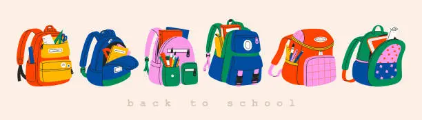 Vector illustration of Set of different school backpack and schoolbag. Collection of colorful children bags with stationary, textbooks