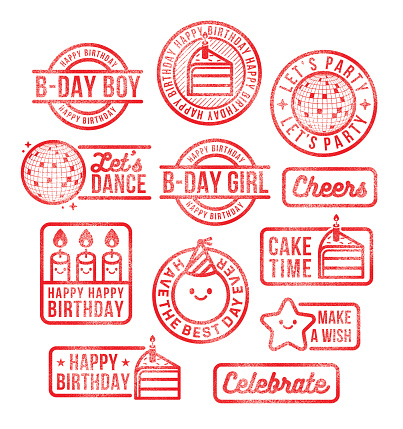 Vector illustration of various birthday party rubber stamps (Happy Birthday, Birthday Boy, Birthday Girl, Celebrate). Isolated on a white background.