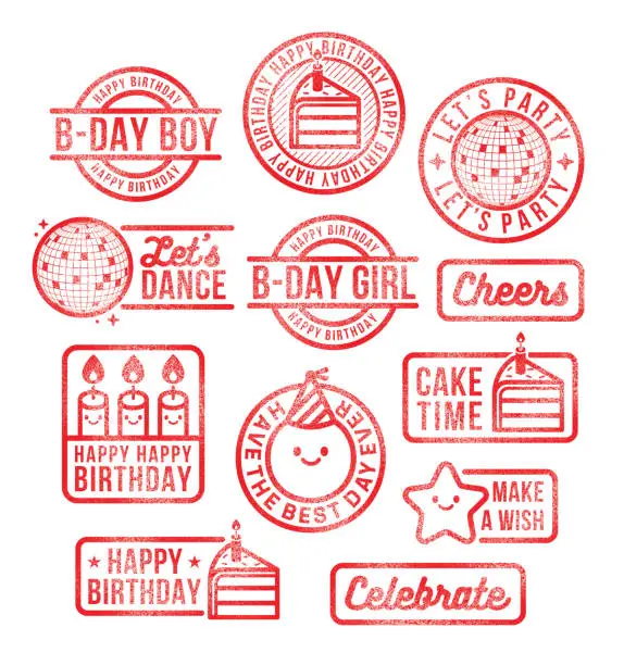 Vector illustration of Happy Birthday Party Rubber Stamps Vector