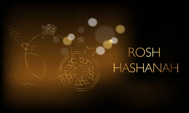 happy rosh hashanah jewish text "shana tova" jewish new year holiday. torah, honey and apple, shofar, pomegranate. gold - rosh hashanah stock illustrations
