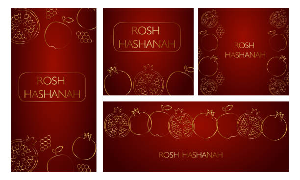 happy rosh hashanah jüdischer text "shana tova" jüdischer neujahrsfeiertag. tora, honig und apfel, schofar, granatapfel. gold - shanah tova stock-grafiken, -clipart, -cartoons und -symbole