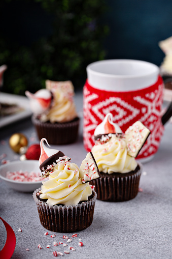 Peppermint bark and chocolate cupcakes decorated for Christmas