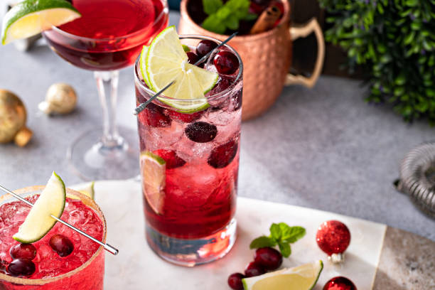 Variety of festive Christmas cocktails with cranberry and lime Festive and refreshing Christmas cocktails with cranberry and lime, variety of drinks Gin stock pictures, royalty-free photos & images