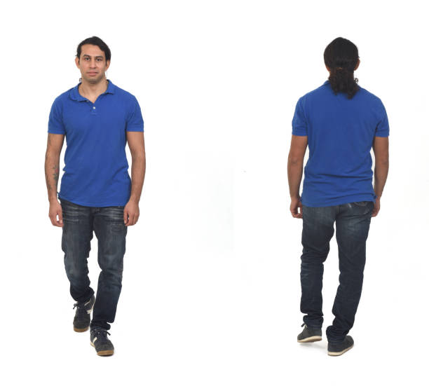 back and front view of a walking man with ponytail on white background