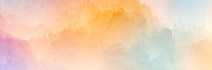 Pastel colorful orange and blue abstract cloudy misty smoky foggy sunrise or sunset layers mountains range silhouette line landscape in delicate panoramic wallpaper background with soft gradient spring colors texture