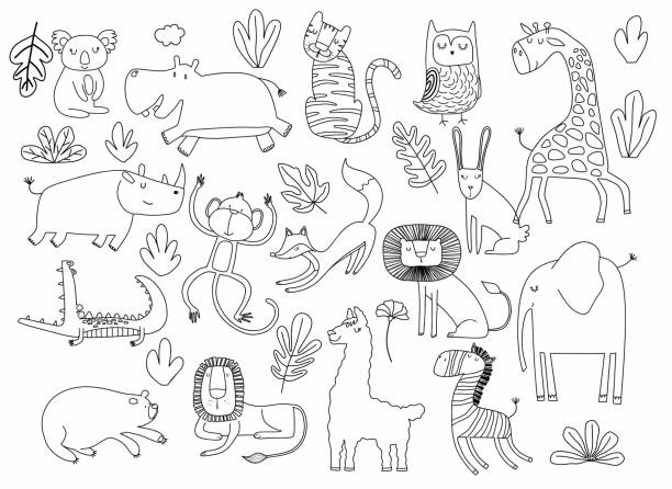 мультяшный большой набор милых каракулей животных. - text animal owl icon set stock illustrations