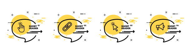 website-schaltflächen-set-symbol. zeiger, cursor, maus, büroklammer, datei anhängen, schreien, teilen. infografik-timeline mit icons und 4 schritten. vektorliniensymbol für business und werbung - paper clip audio stock-grafiken, -clipart, -cartoons und -symbole