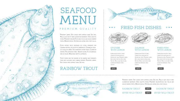 Vector illustration of Seafood restaurant menu design with hand drawing fish. Vector illustration