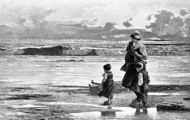 illustrations, cliparts, dessins animés et icônes de la femme d’un pêcheur attend avec impatience à la plage son mari avec ses deux enfants - longingly