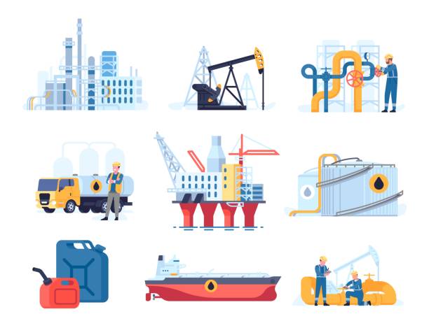 ilustrações, clipart, desenhos animados e ícones de indústria petrolífera. fábrica de refinarias de estilo plano. plataformas e petroleiros. plataformas e bombas. transporte e armazenamento de gasolina. mineração de combustível. oleoduto e cilindro. conjunto industrial vetorial - oil crane oil rig derrick crane