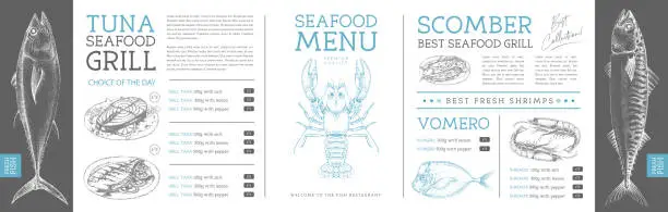 Vector illustration of Seafood restaurant menu design with hand drawing fish. Vector illustration