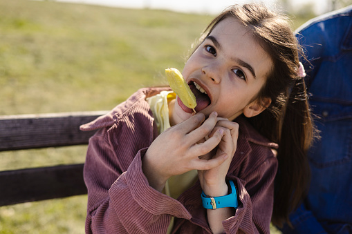 Portrait of a little girl eating ice cream and enjoying at the park