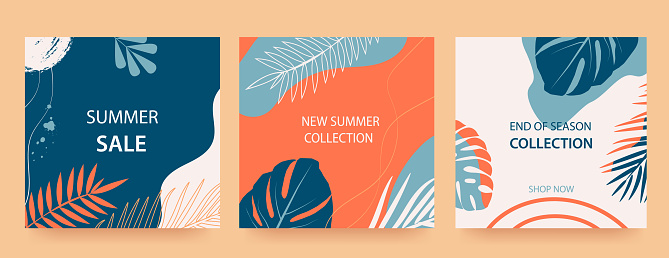 Set of advertising banners with tropical leaves, plants and spots in trendy colors. Announcement of a new collection, discounts on it, summer sale. Template for sale, advertising, web.
