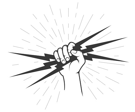 Hand holding a lighting bolt, electricity and power symbol, authority thunder sign, vector