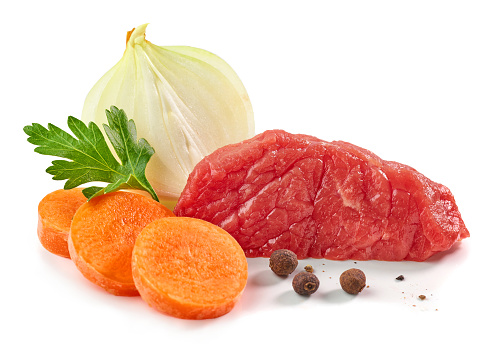 various raw beef broth ingredients isolated on white background