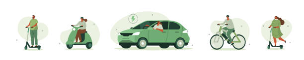 ilustraciones, imágenes clip art, dibujos animados e iconos de stock de transporte eléctrico - green car