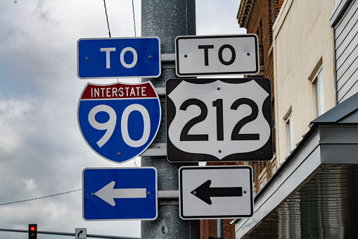 Road signs in winter to major highways in New Jersey and beyond.