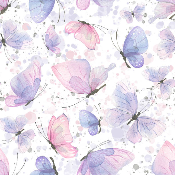 aquarellillustration von rosa und lila schmetterlingen. nahtloses muster, sanft, luftig mit farbspritzern. für stoffe, textilien, tapeten, drucke, altpapier. - butterfly backgrounds seamless pattern stock-grafiken, -clipart, -cartoons und -symbole