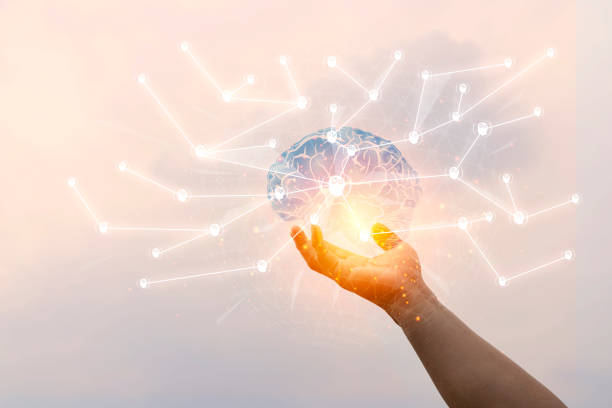 istock Abstract palm hands touching brain with network connections, innovative technology in science 1395167653