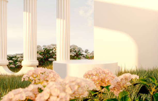 istock Abstract spring summer landscape scene with geometric form. lake and flower view. 1395169455